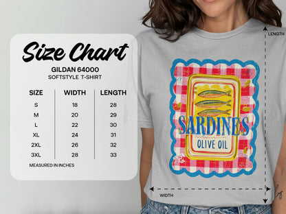 Gildan 64000 t-shirt size chart with Sardines in Olive Oil graphic.