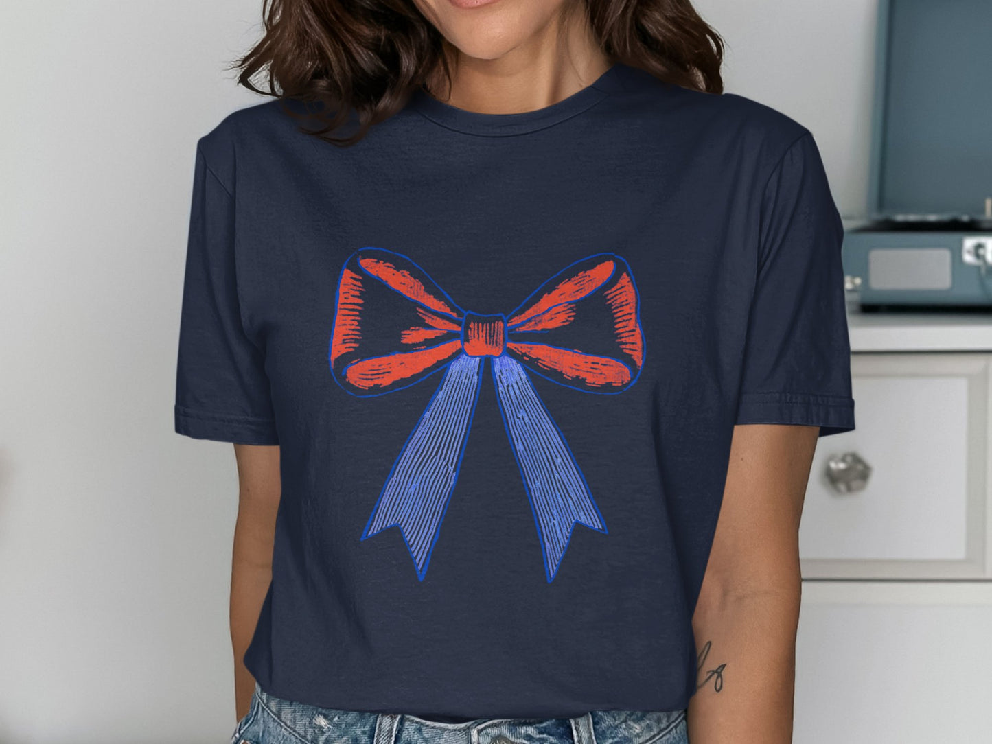 Navy Blue T-shirt with American Flag Bow Printed product type