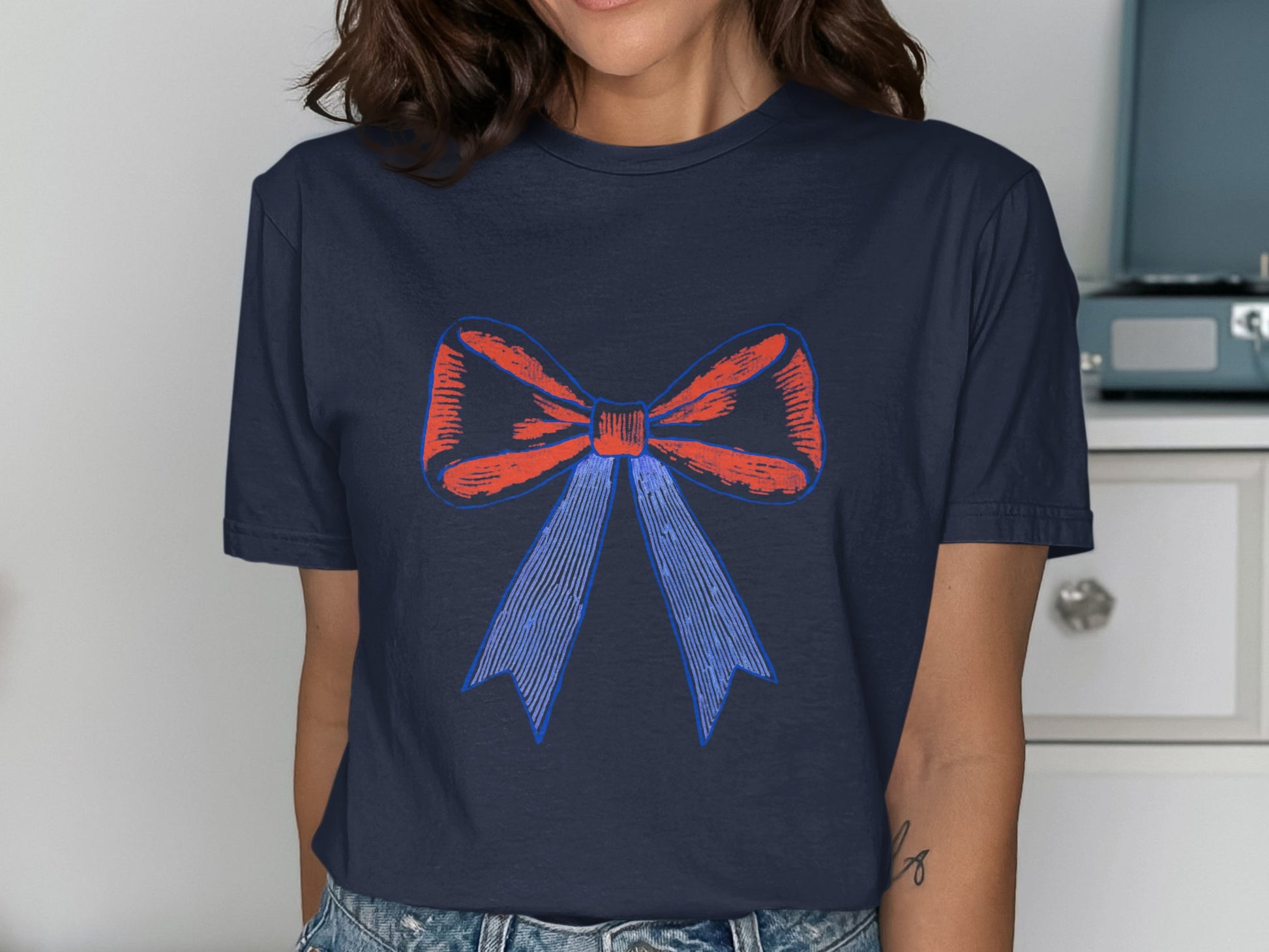 Navy Blue T-shirt with American Flag Bow Printed product type