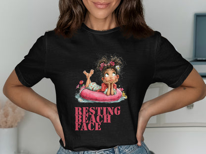Illustration of girl on pink inflatable with "RESTING BEACH FACE" text.