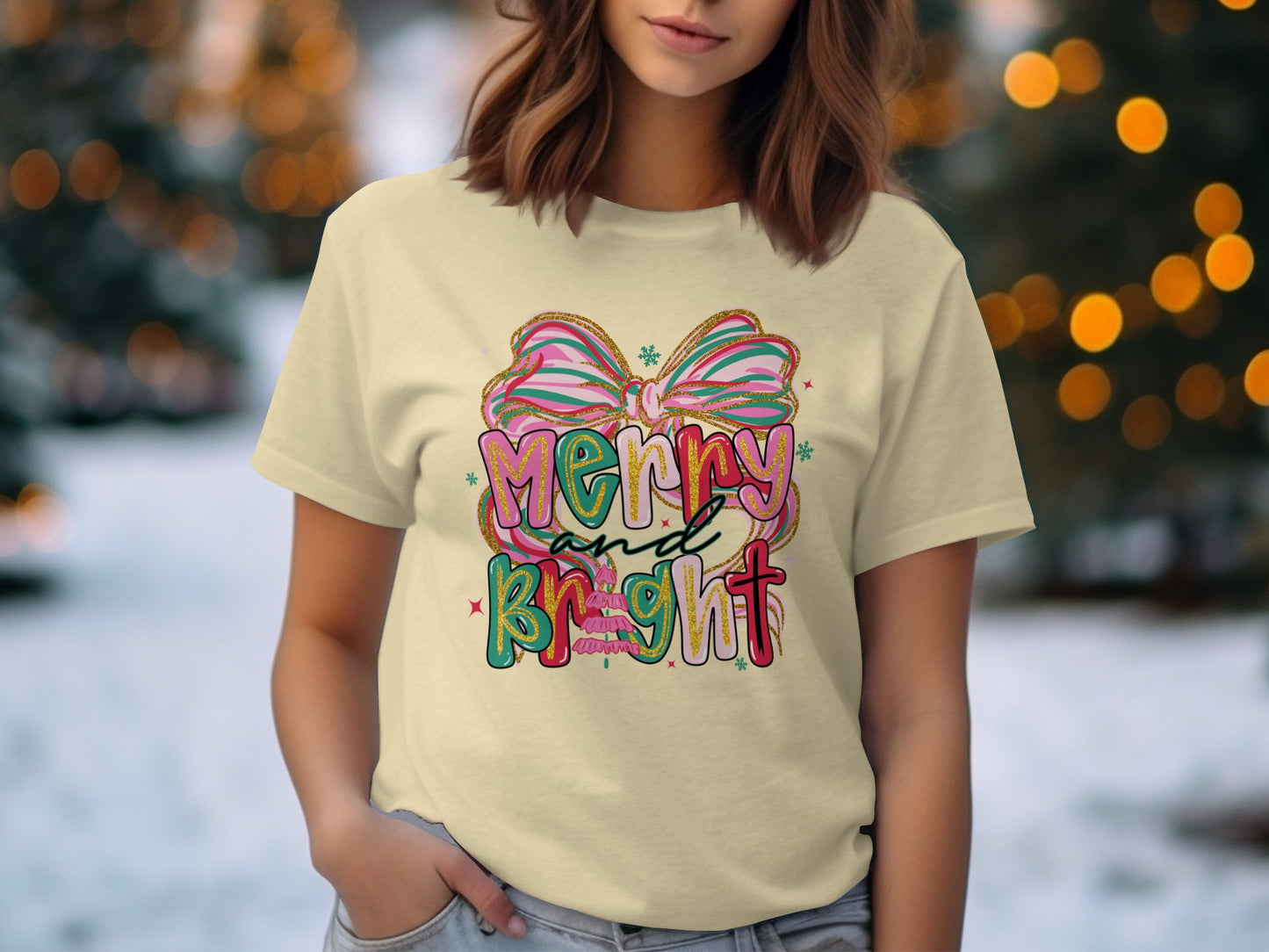 Merry and Bright Colorful Bow Graphic T-shirt product