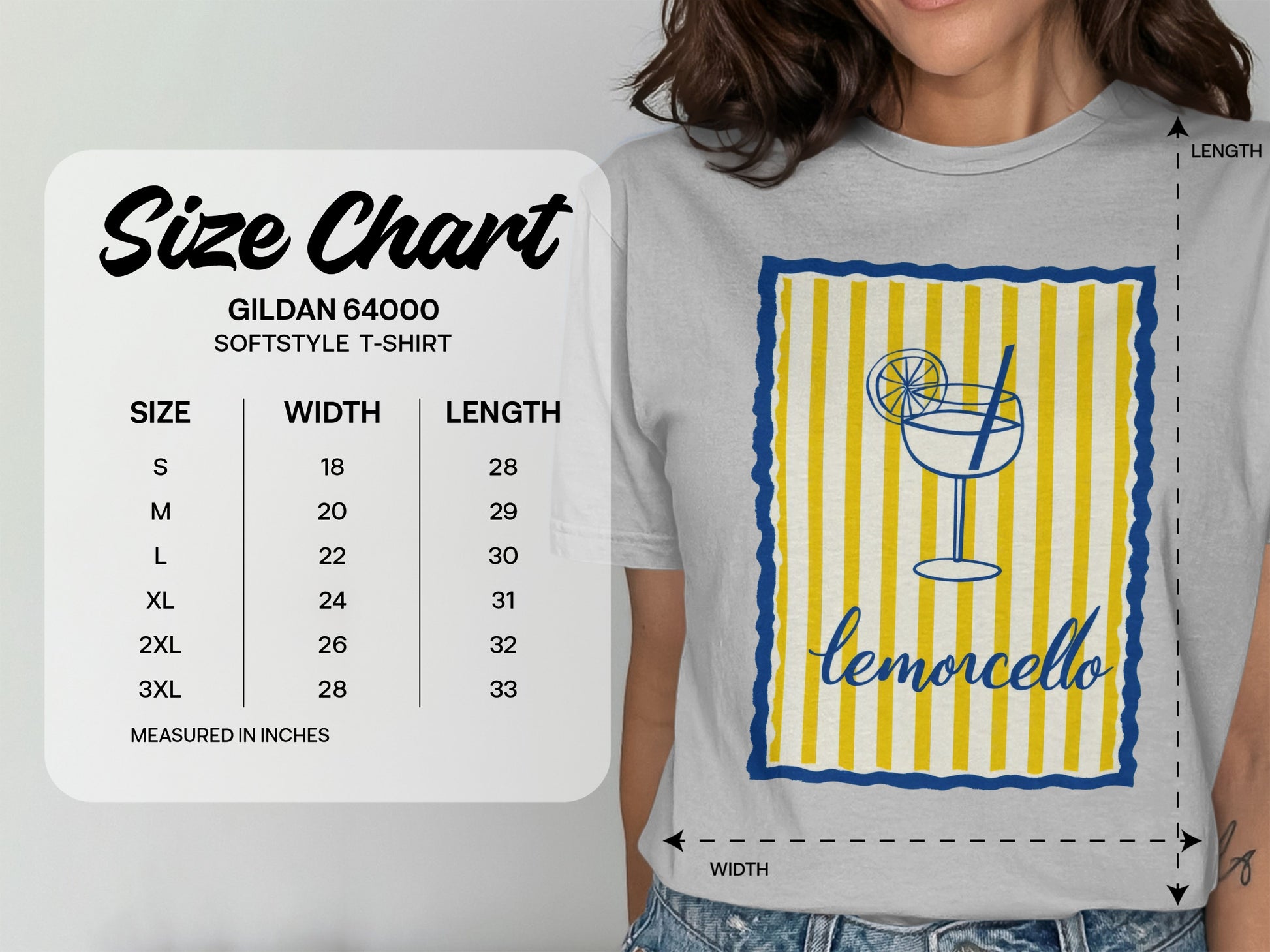 Gildan 64000 Softstyle t-shirt size chart with measurements and a lemon cello graphic.