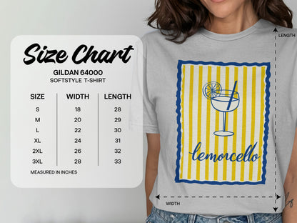 Gildan 64000 Softstyle t-shirt size chart with measurements and a lemon cello graphic.
