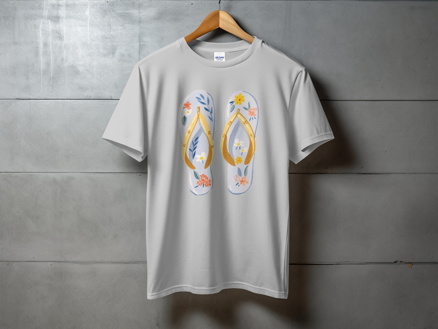 Light gray t-shirt with floral flip-flop graphic.