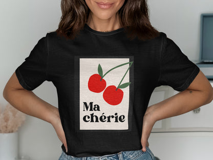 Black t-shirt with "Ma chérie" and two red cherries graphic.