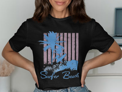 Black t-shirt with surfer silhouette, palm tree, and "Surfer Beach" text.