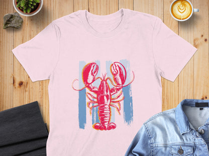 Pink t-shirt with a stylized red and blue lobster graphic.