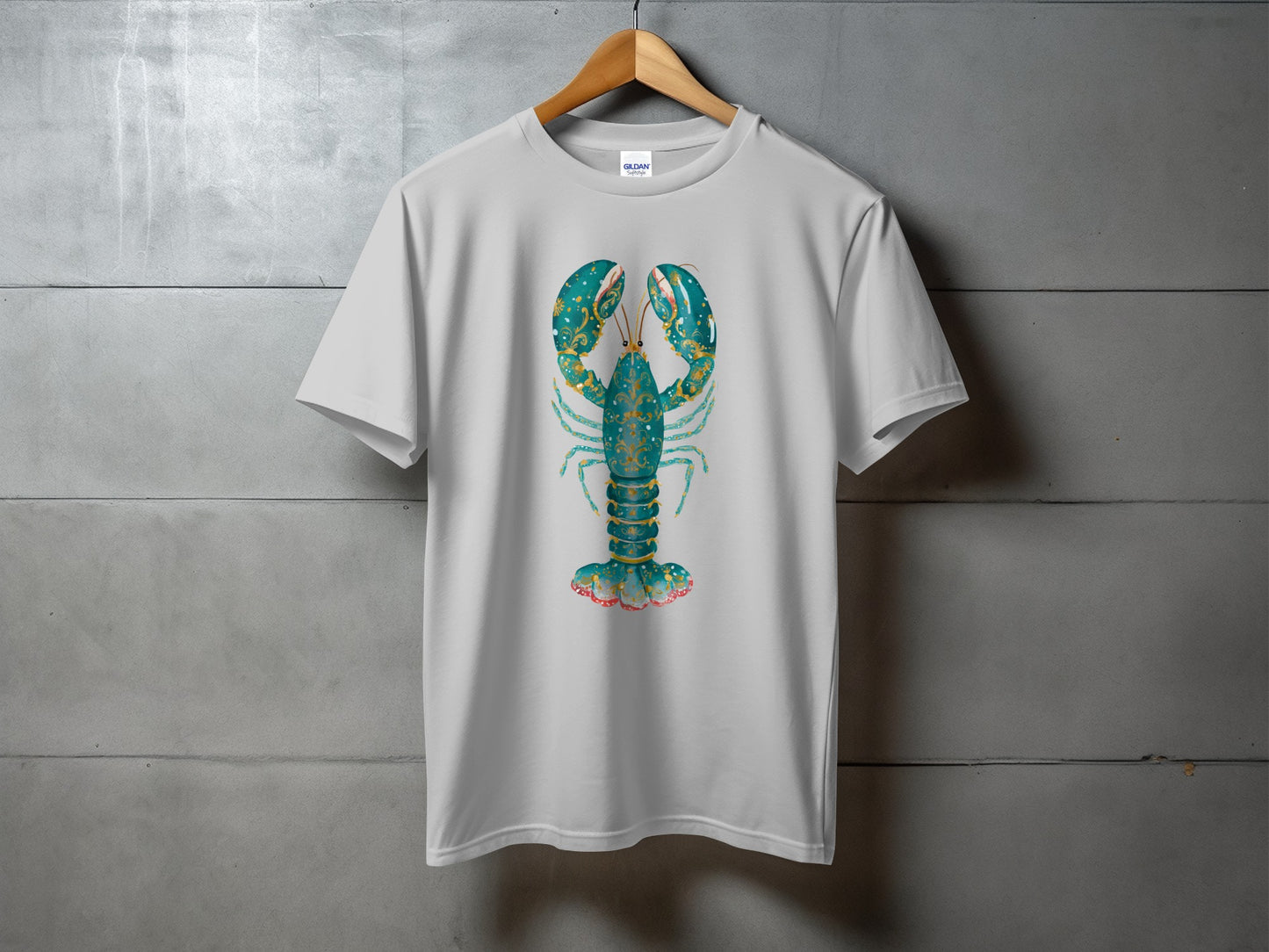 White t-shirt with ornate teal and gold lobster graphic.