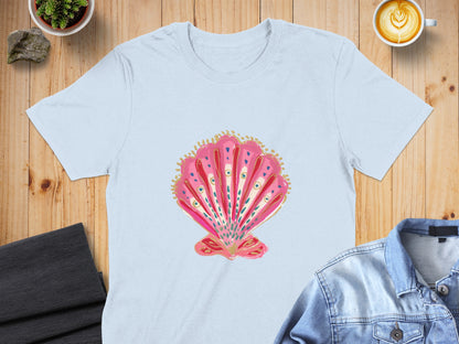 Light blue t-shirt with a pink and gold seashell graphic.