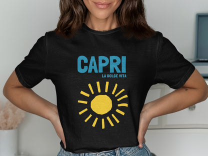 Black t-shirt with "CAPRI LA DOLCE VITA" and a yellow sun graphic.