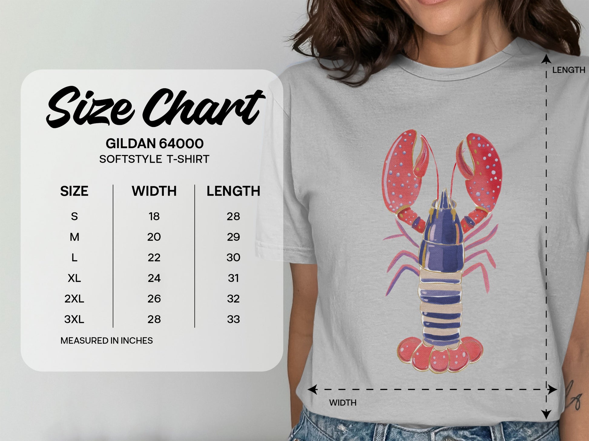 Gildan 64000 t-shirt size chart with lobster graphic.