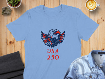 Light blue t-shirt with red and blue eagle graphic and "USA 250" text.