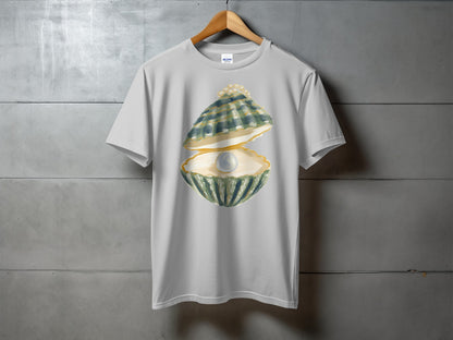 Light grey t-shirt featuring a graphic of an open oyster revealing a pearl.
