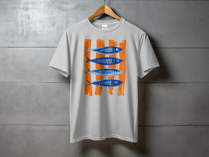 White t-shirt with four blue and white striped fish on orange stripes.
