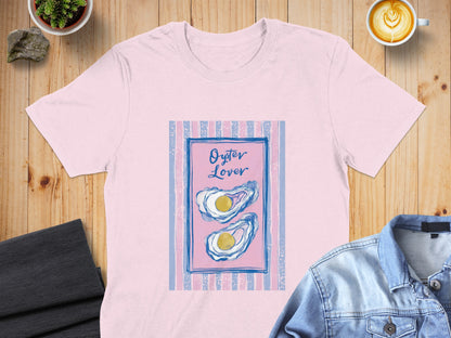 Pink t-shirt with "Oyster Lover" text and oyster illustration.
