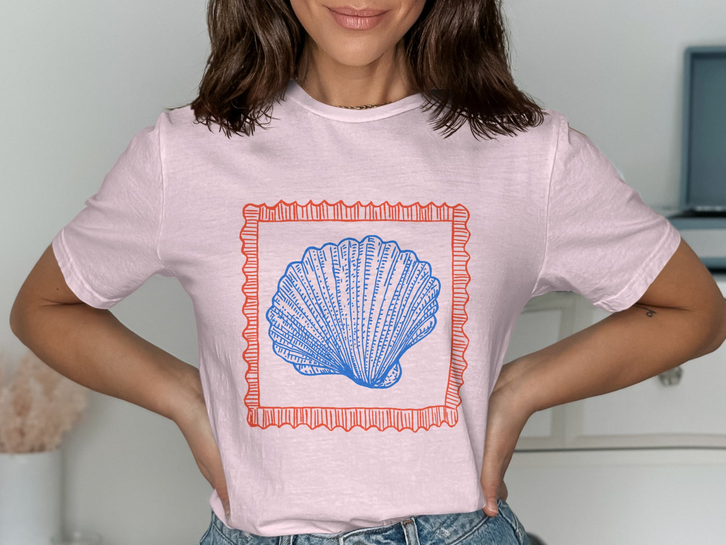 Blue Shell Print Pink T-shirt Casual Summer Fashion product