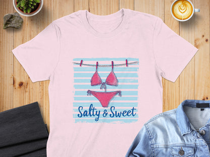 Pink bikini hanging on a clothesline with "Salty & Sweet" text.