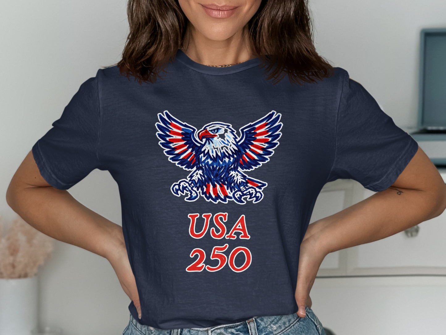 Navy t-shirt with eagle graphic and "USA 250" text.