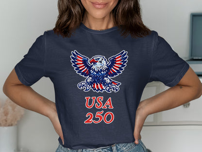 Navy t-shirt with eagle graphic and "USA 250" text.