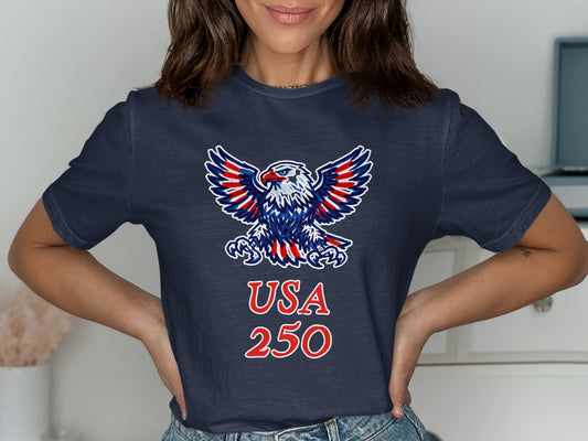 Navy t-shirt with eagle graphic and "USA 250" text.