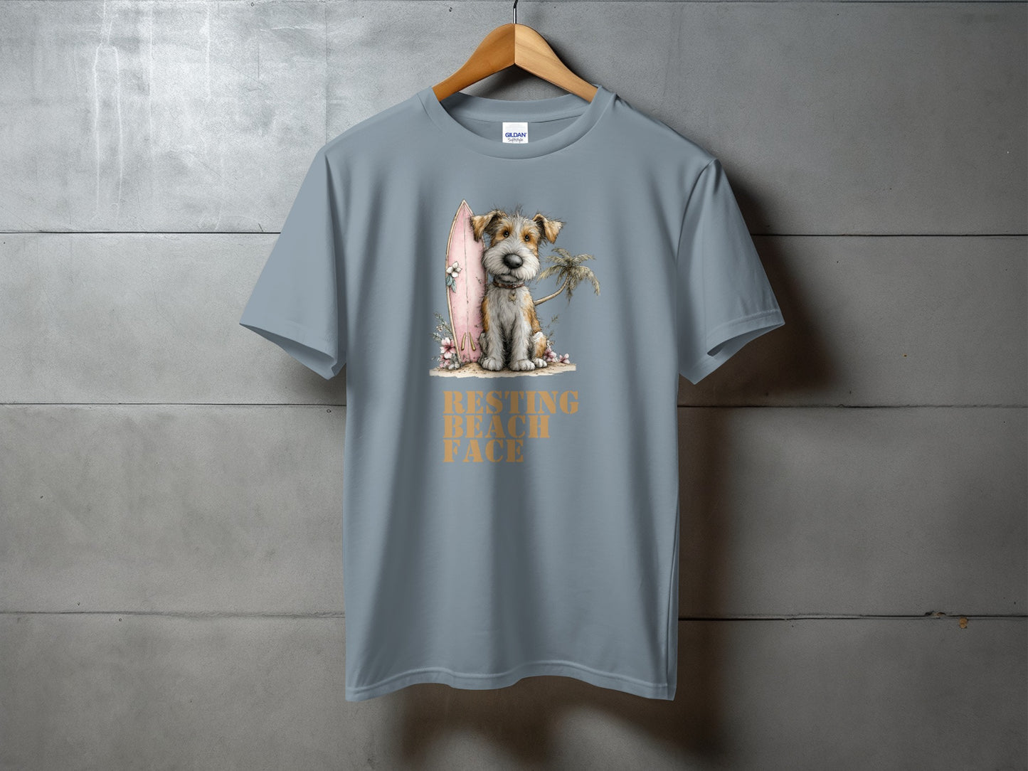 Dog with surfboard and palm tree graphic, "RESTING BEACH FACE" text.