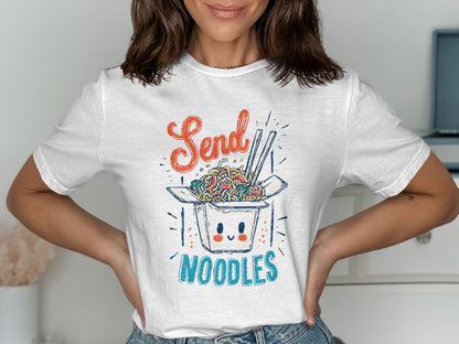 White t-shirt with graphic of a noodle box saying "Send Noodles".