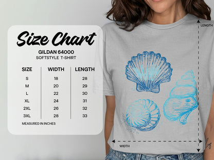 Gildan 64000 softstyle t-shirt size chart with dimensions in inches.