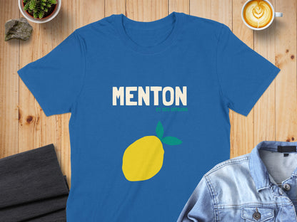 Blue t-shirt with "MENTON ET SES MURMURES" and a yellow lemon graphic.
