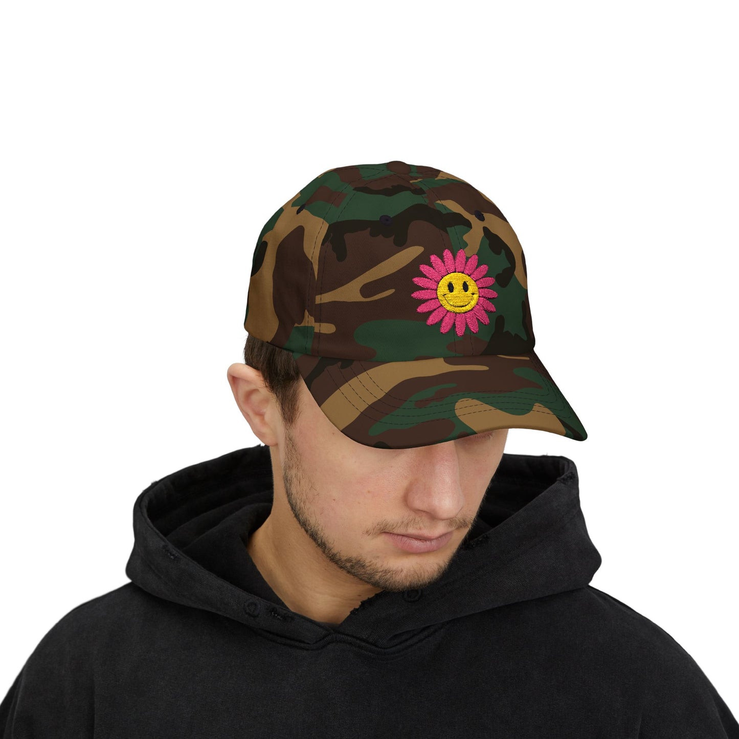 Smiley Daisy Dad Cap Embroidered Pink Flower Hat
