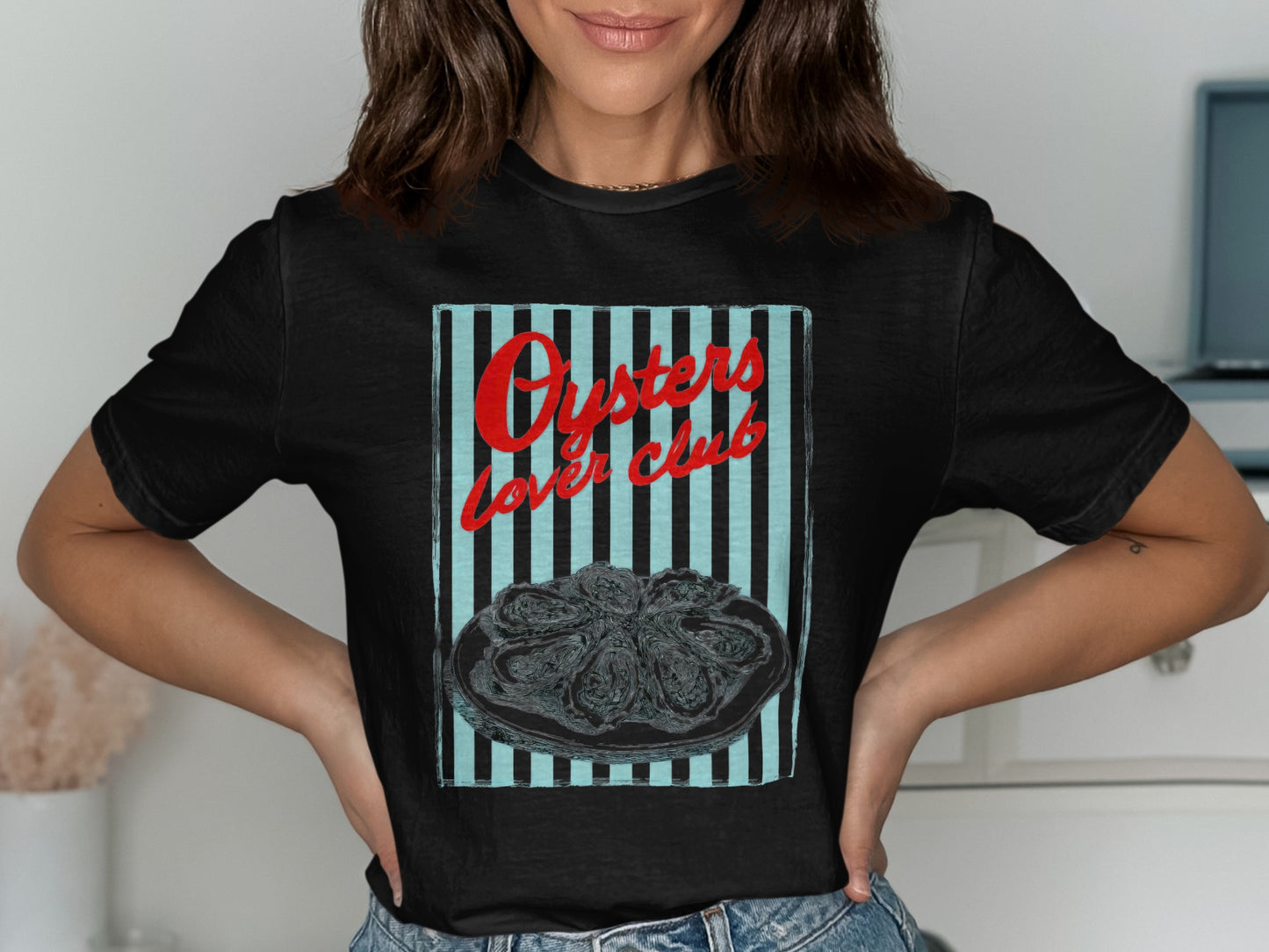 Black t-shirt with red "Oysters Lover Club" text and oyster plate graphic.