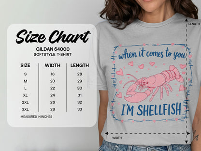 Gildan 64000 size chart with "I'M SHELLFISH" lobster graphic.