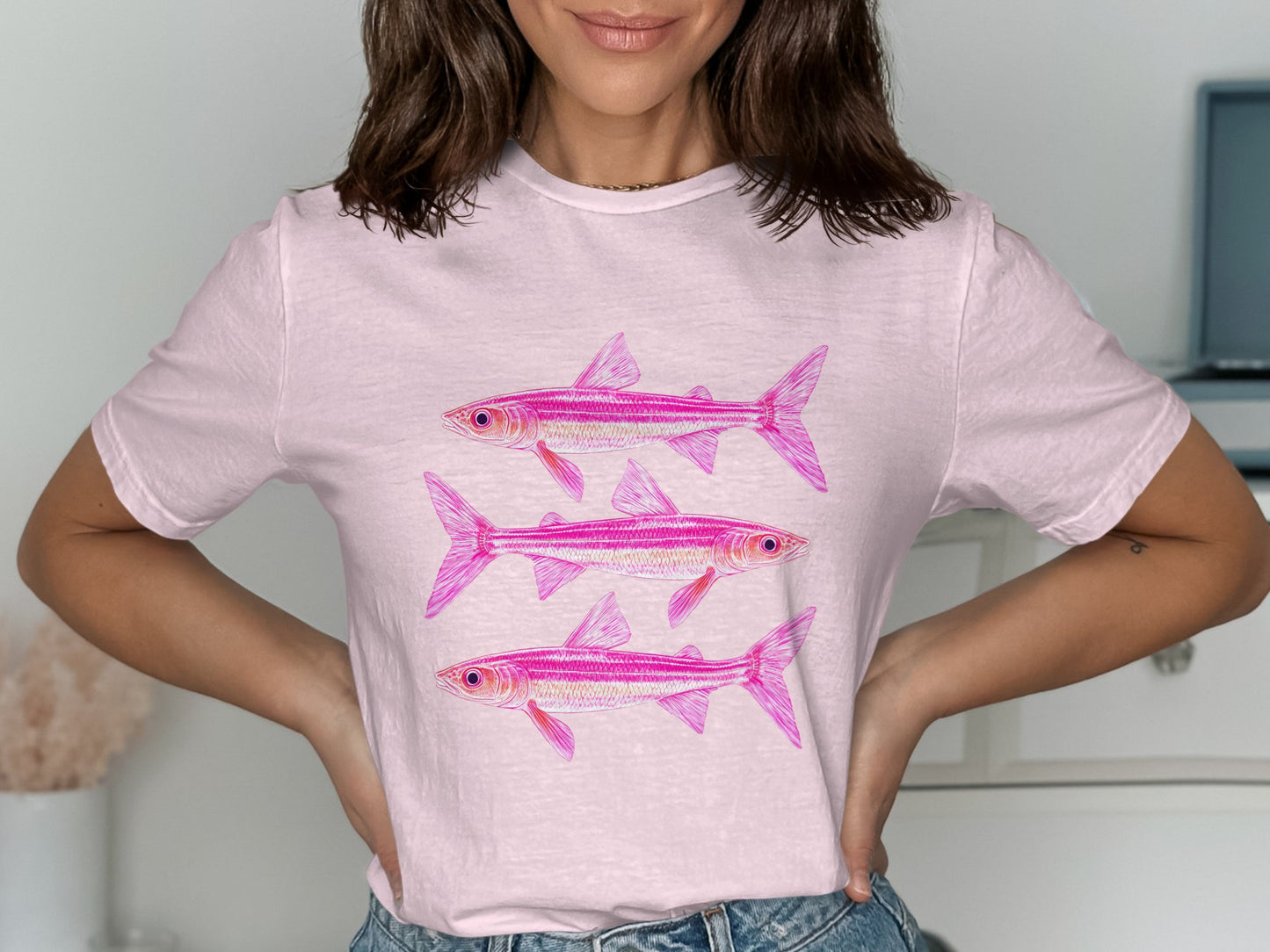 Trendy Pink Fish Graphic Tee Casual Fashion Product