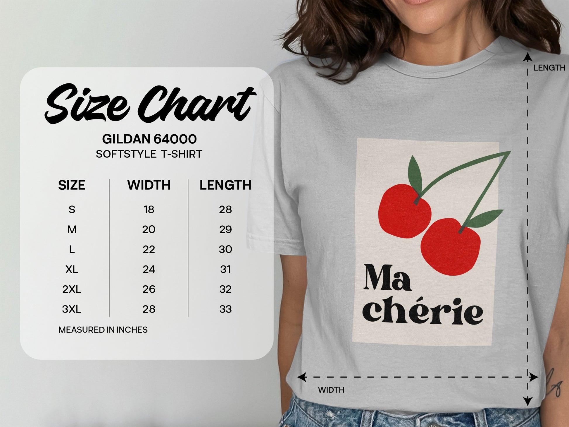 Gildan 64000 size chart showing measurements for softstyle t-shirts.