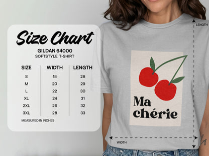 Gildan 64000 size chart showing measurements for softstyle t-shirts.