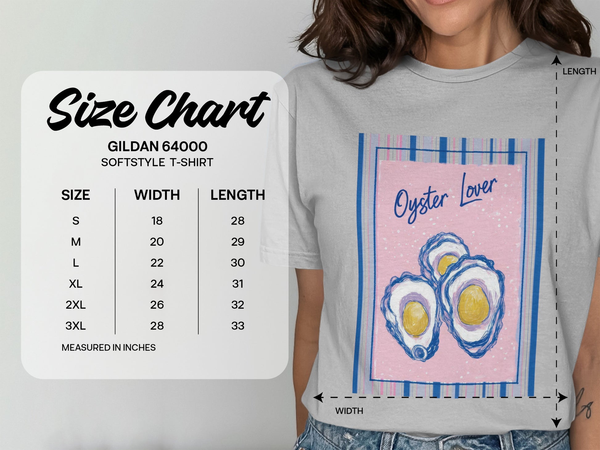 Gildan 64000 softstyle t-shirt size chart with oyster lover graphic.