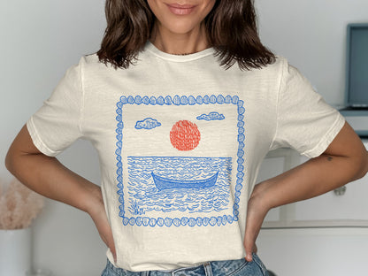 Artistic Boat and Red Sun Graphic Shirt product