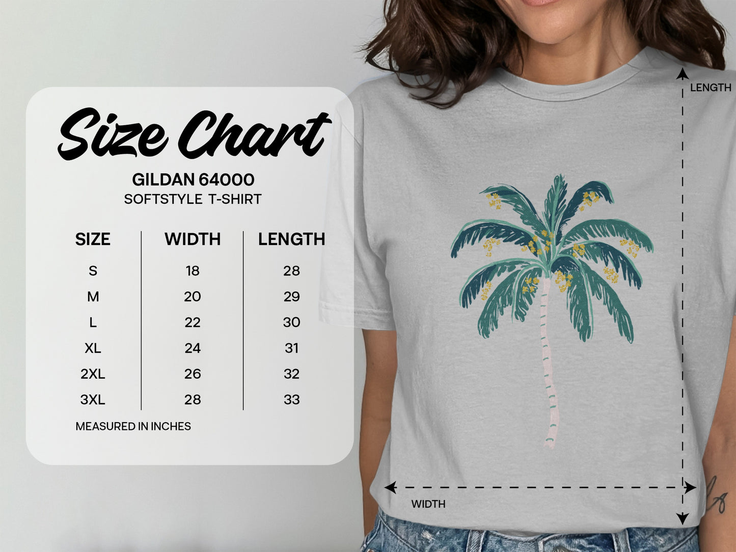 Gildan 64000 Softstyle t-shirt size chart in inches with width and length measurements.