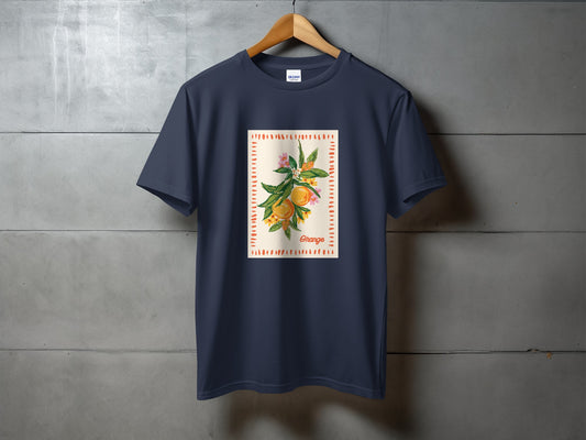 Navy t-shirt with watercolor orange branch and "Orange" text graphic.