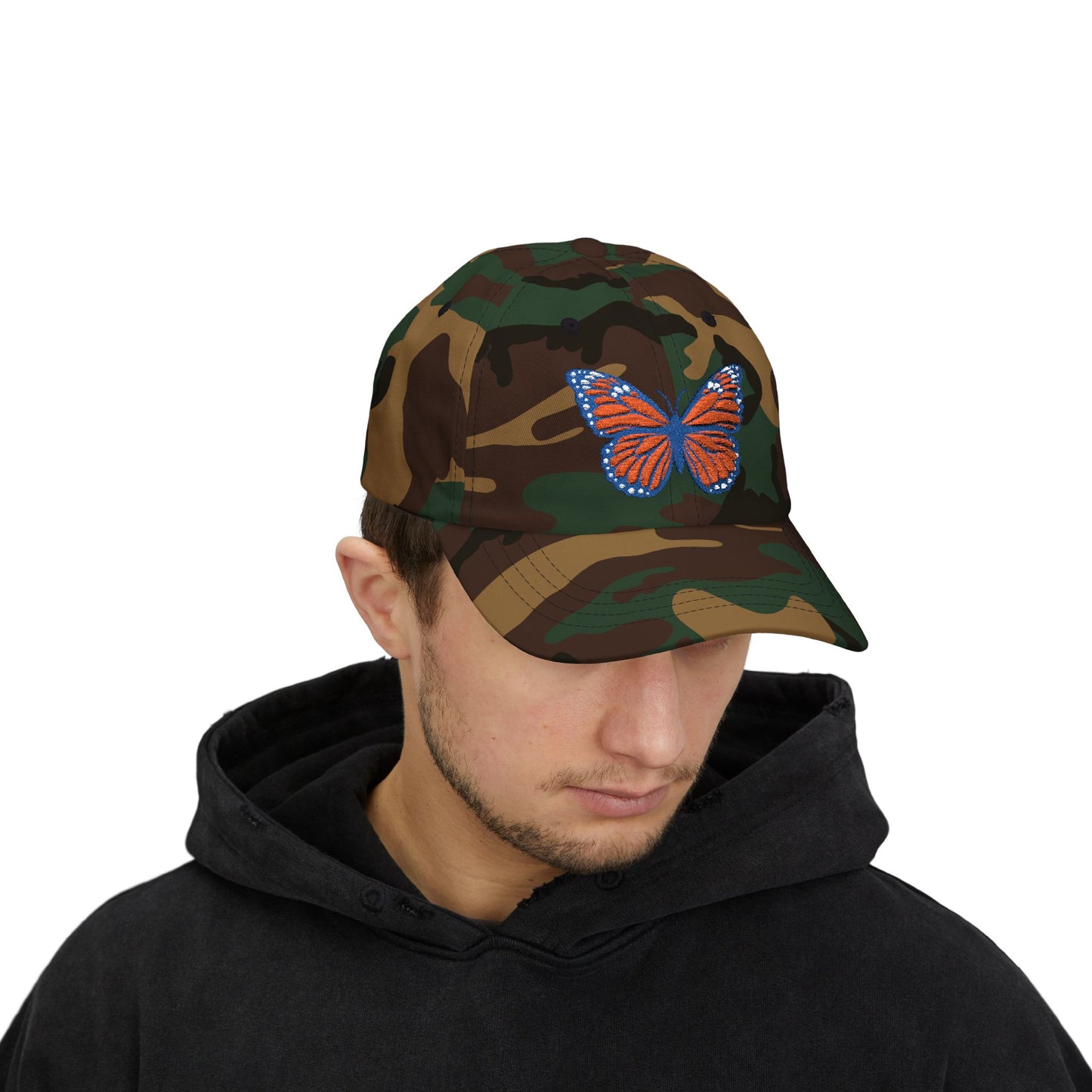 Butterfly Embroidered Dad Cap Preppy Orange & Blue Monarch Hat