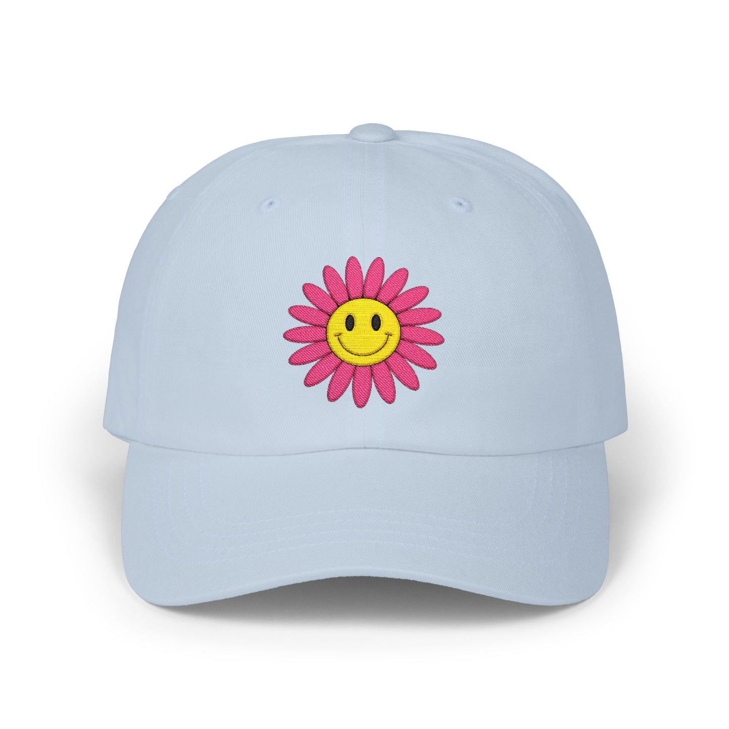 Smiley Daisy Dad Cap Embroidered Pink Flower Hat