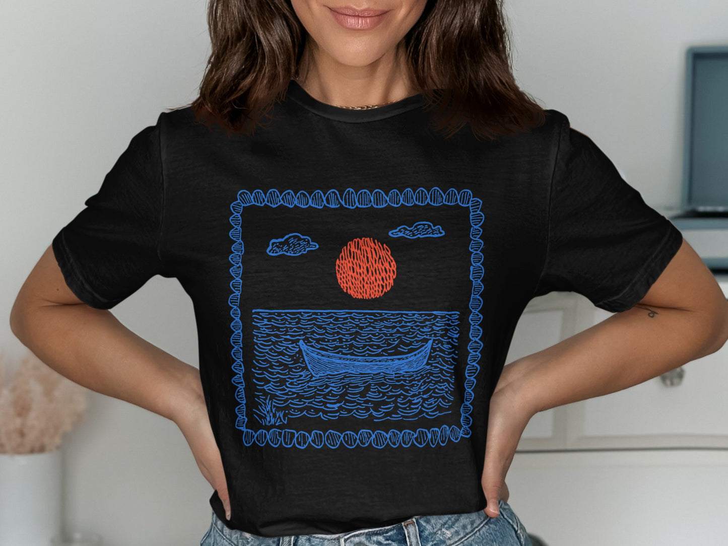 Artistic Boat and Sunset Graphic Black T-Shirt product type