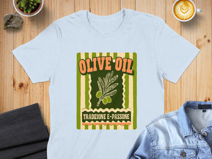 Light blue t-shirt with "Olive Oil Tradizione e Passione" graphic.