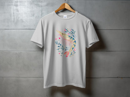 White t-shirt with a pink and blue shrimp and floral design.