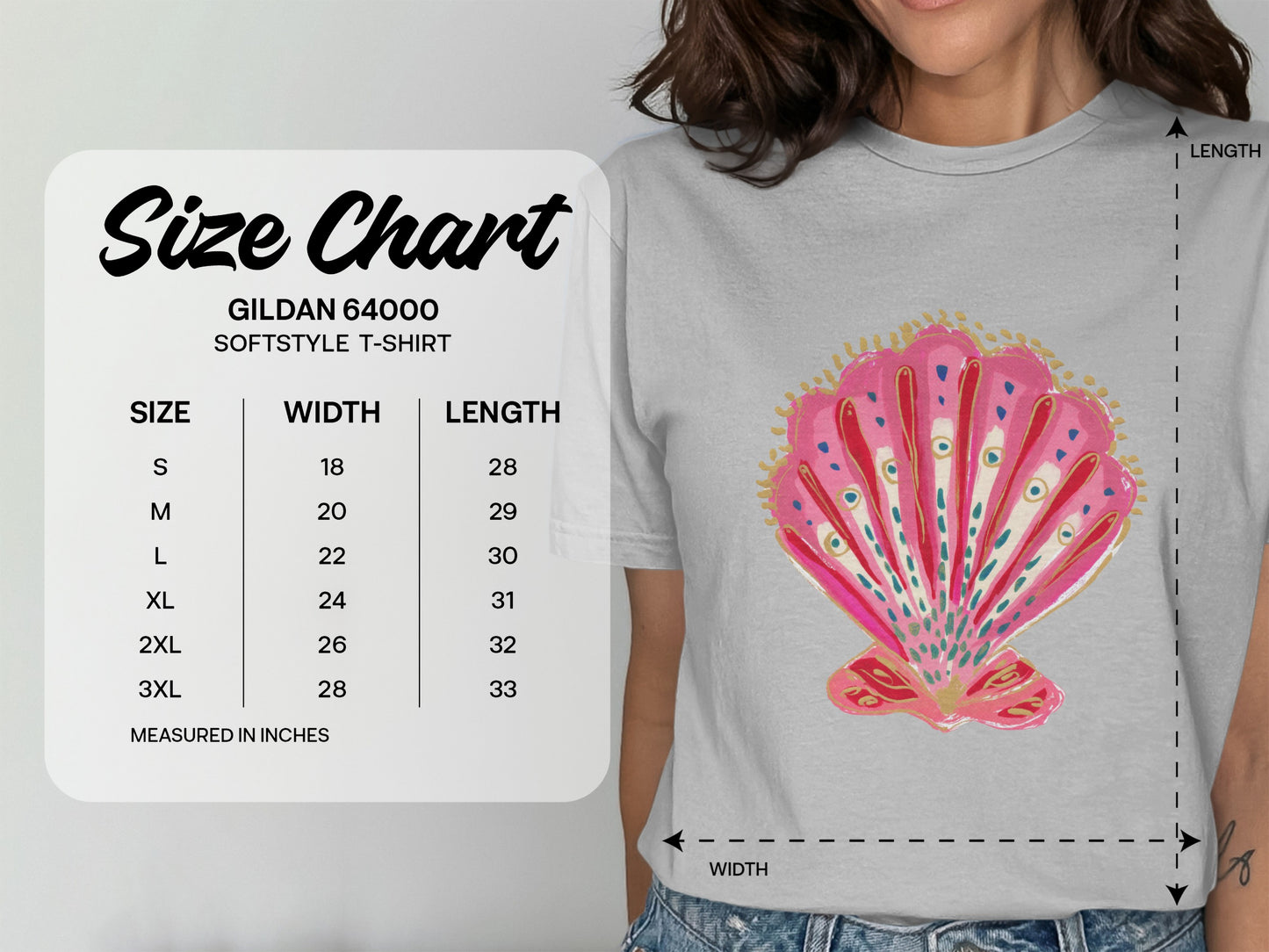 Gildan 64000 Softstyle T-shirt size chart with width and length measurements.