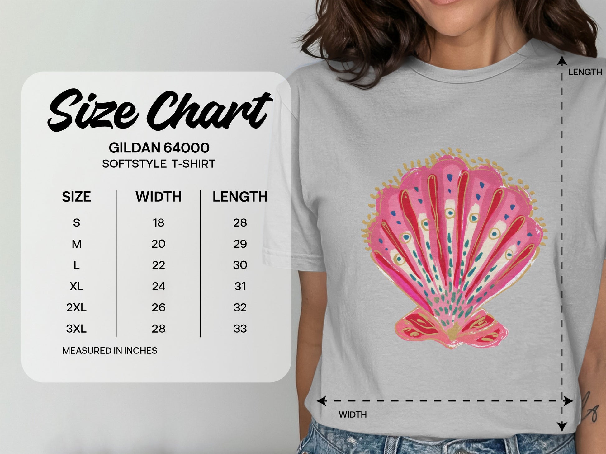 Gildan 64000 Softstyle T-shirt size chart with width and length measurements.