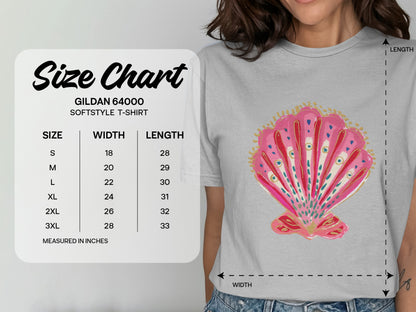 Gildan 64000 Softstyle T-shirt size chart with width and length measurements.