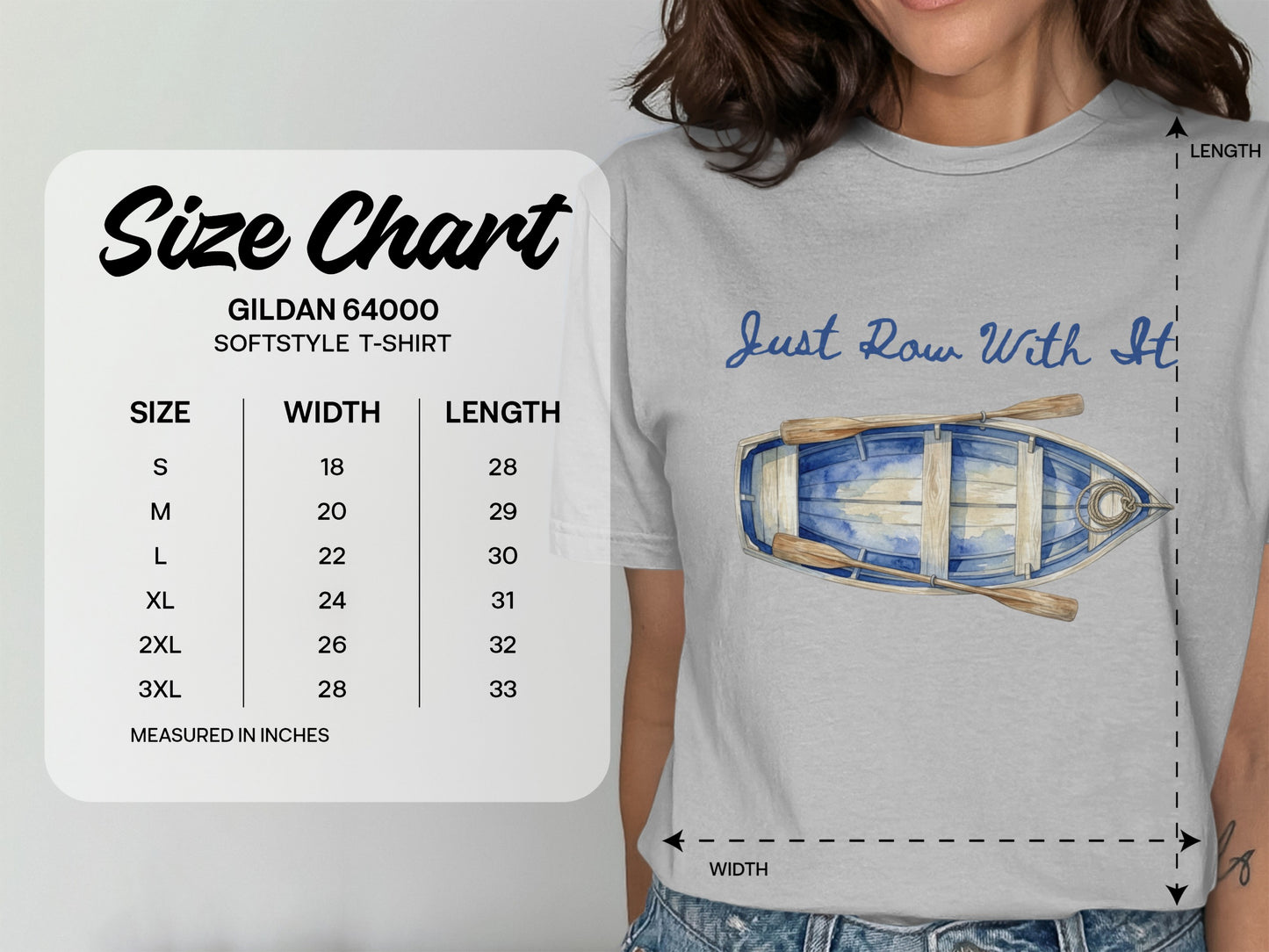Gildan 64000 size chart with shirt measurements and watercolor boat illustration.