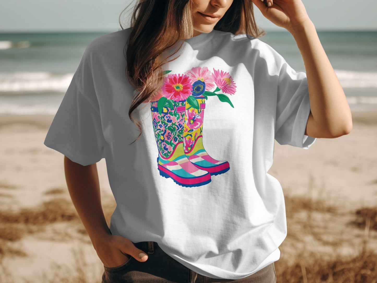 Stylish Floral Boots Design on White T-Shirt product