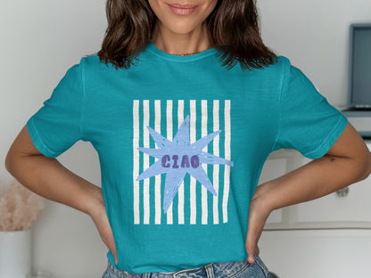 Turquoise t-shirt with a light blue starburst and "CIAO" text.