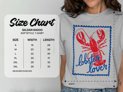 Gildan 64000 Softstyle T-shirt size chart with lobster lover graphic.